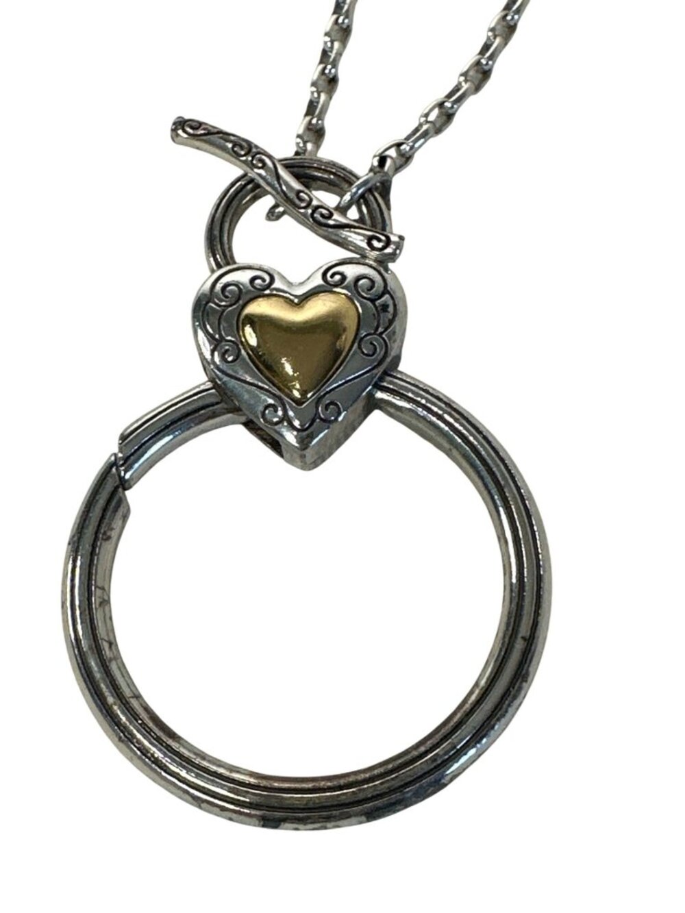 Brighton Silver Tone Heart Toggle Necklace Round Pendant Charm 34" Long
